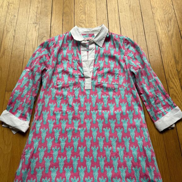 Tizzie Size XS Pink Aqua Zebra Print Split Neck Collar Cotton Blend Tunic Dress - Picture 5 of 15